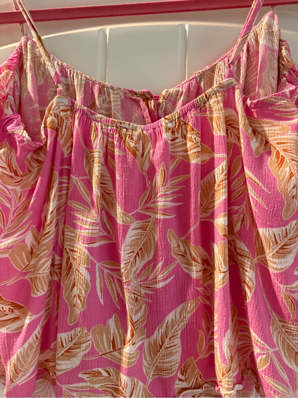 Impressions Pink Tropical Leaf Ruffle Cami with Tan Accents - Picture 4 of 4